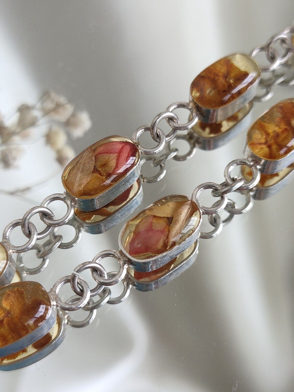 Artisan 925 Sterling Silver Dried Flower Resin Bracelet 20cm