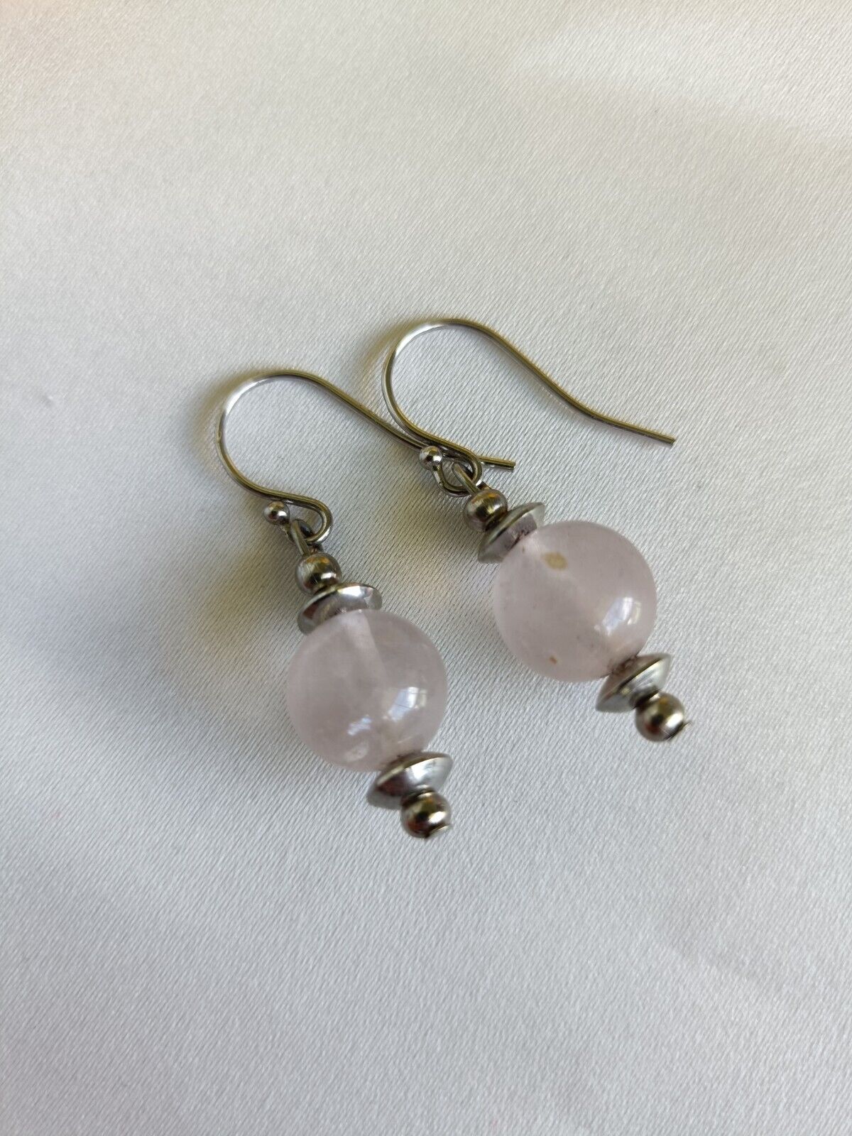 Vintage Sterling Silver & Rose Quartz Dangle Drop Hook Earrings