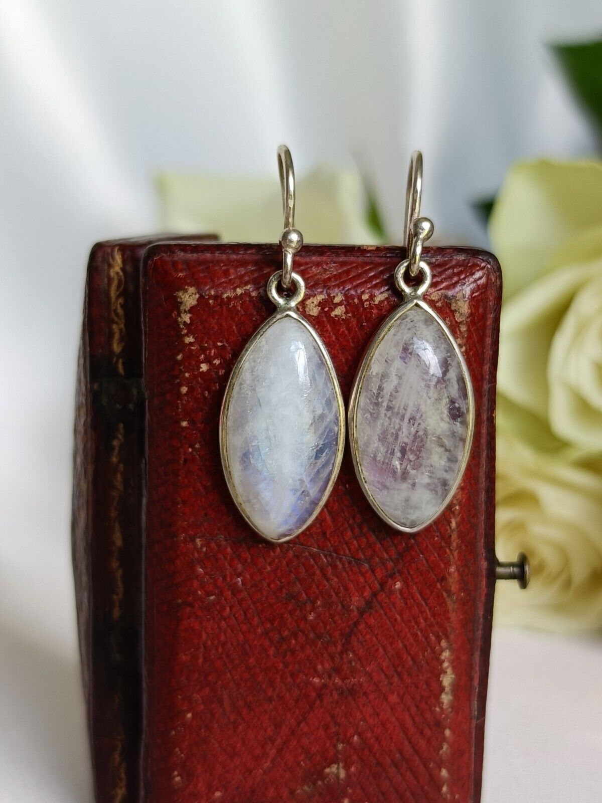 Vintage 925 Sterling Silver Moonstone Dangle Drop Hook Earrings