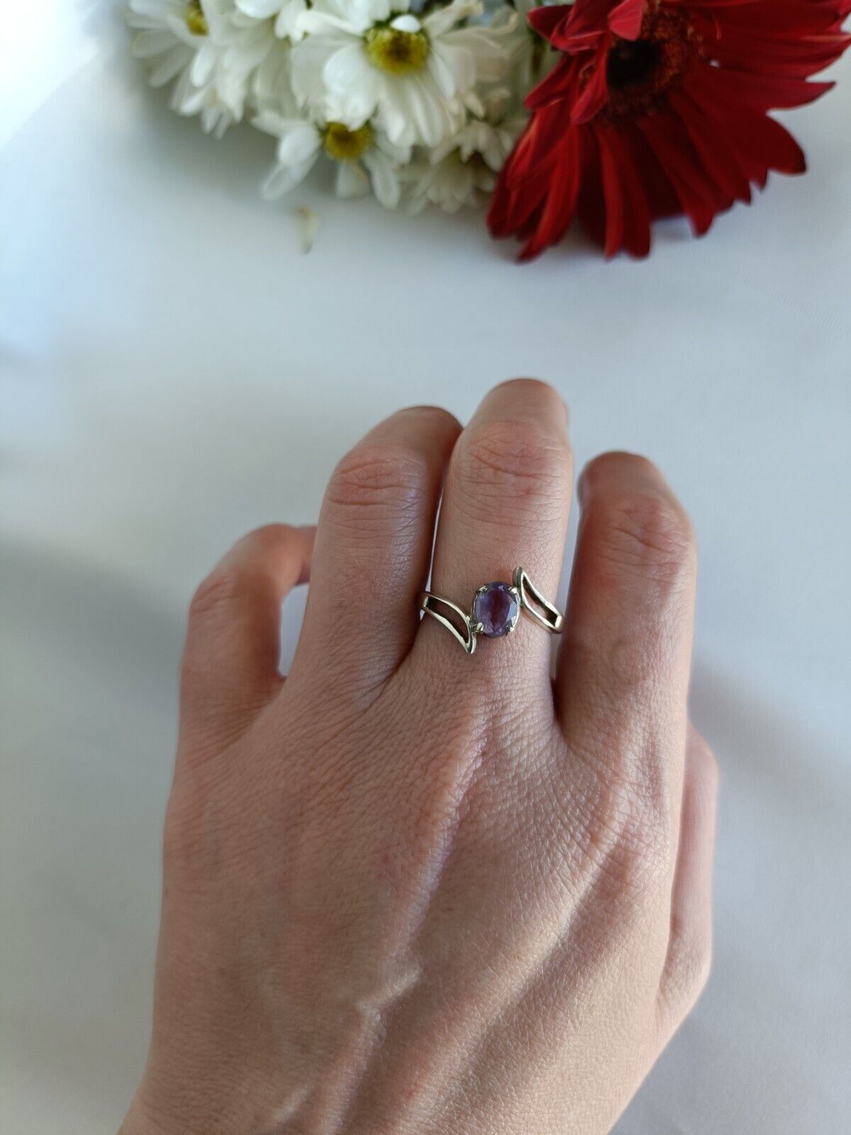 925 Sterling Silver & Amethyst Ring Size 8 3/4 Or Q 1/2