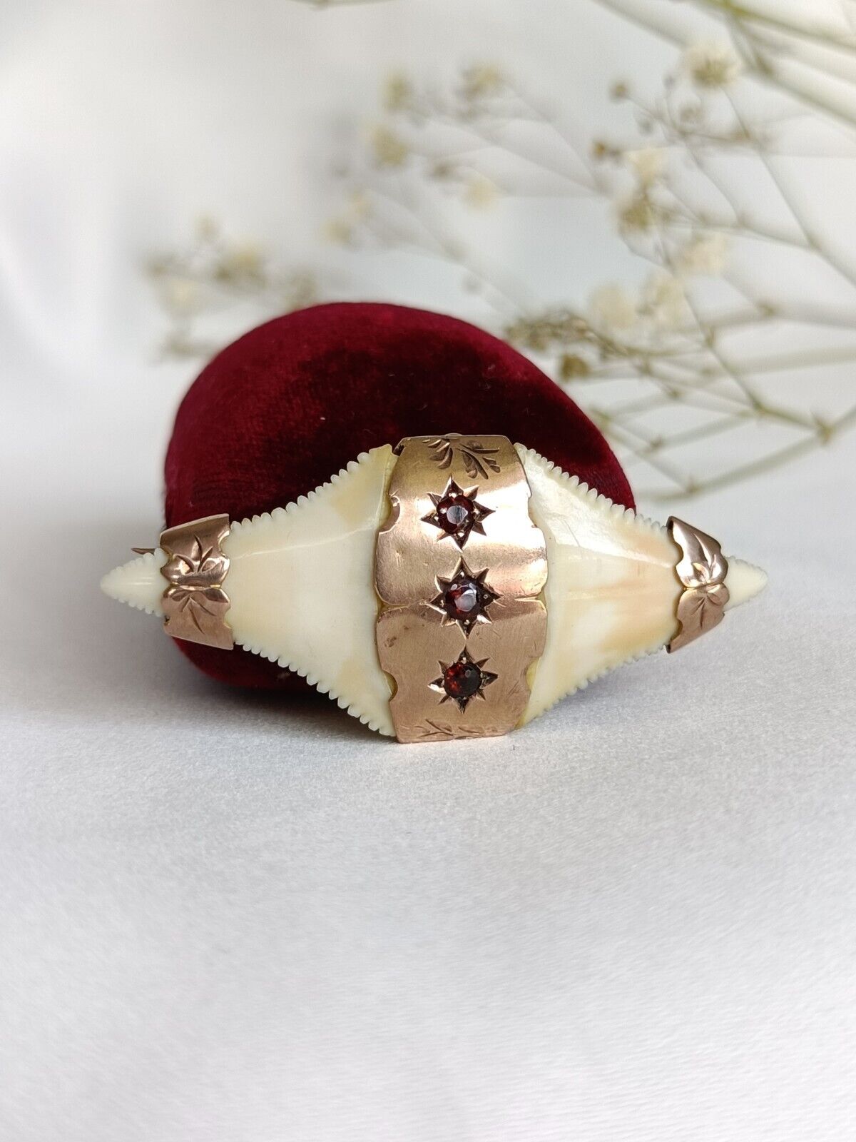 Antique Australian 9ct Gold & Garnet Double Shark tooth brooch