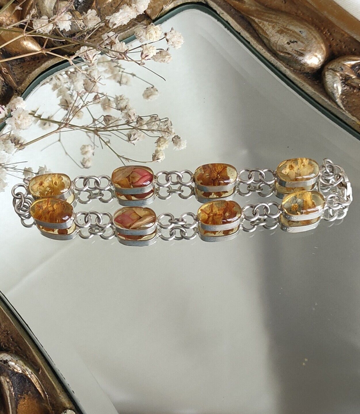 Artisan 925 Sterling Silver Dried Flower Resin Bracelet 20cm
