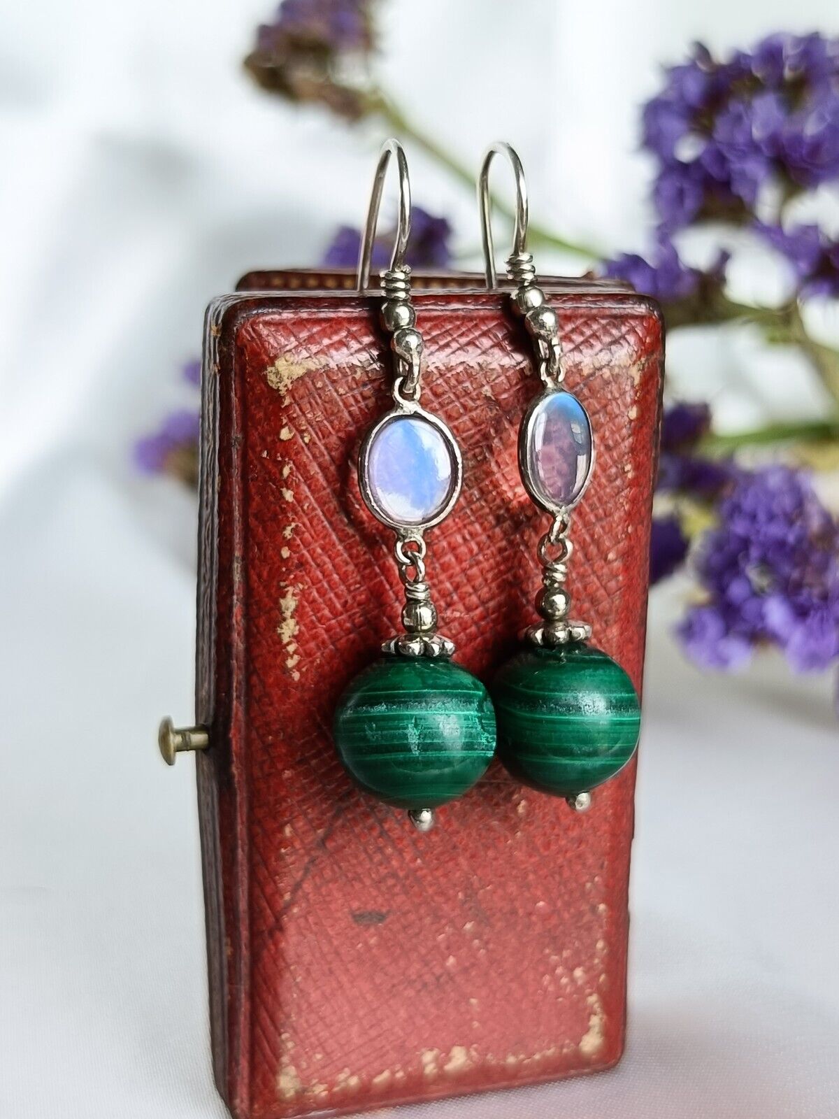 Vintage Sterling Silver Moonstone & Malachite Hook Drop Earrings