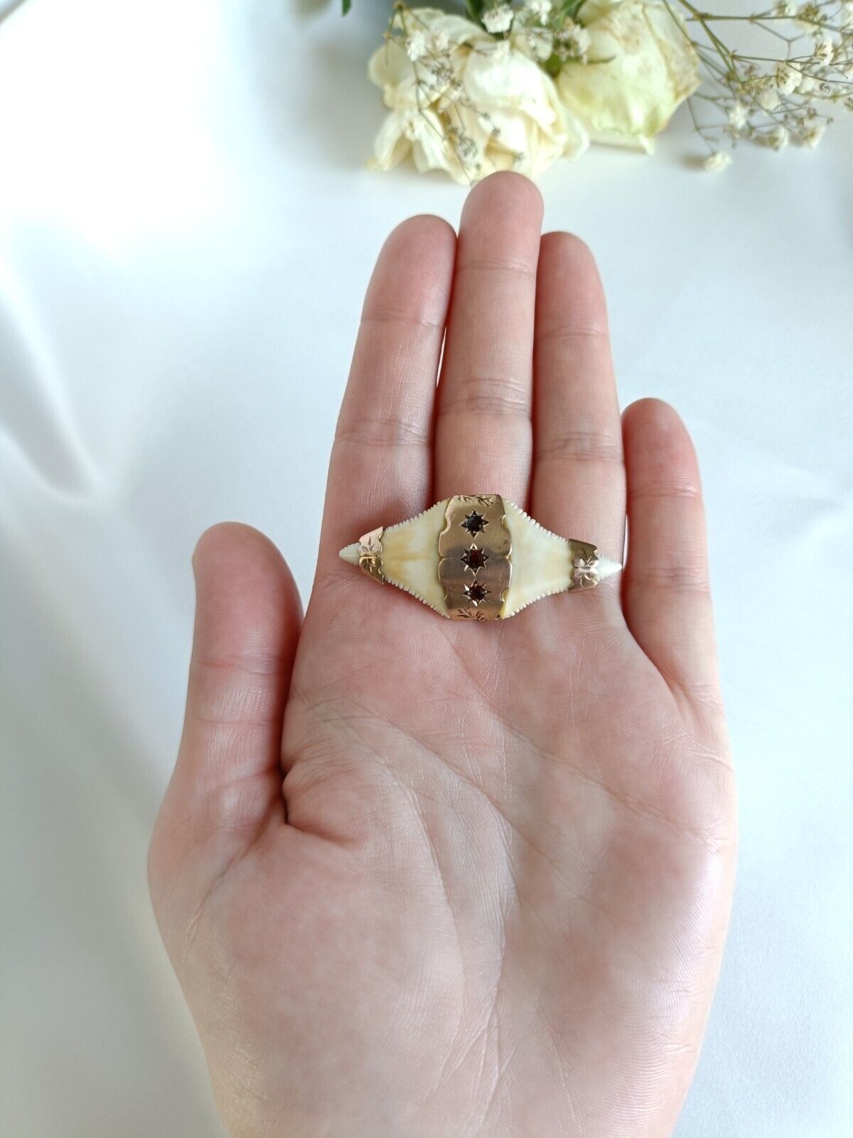 Antique Australian 9ct Gold & Garnet Double Shark tooth brooch