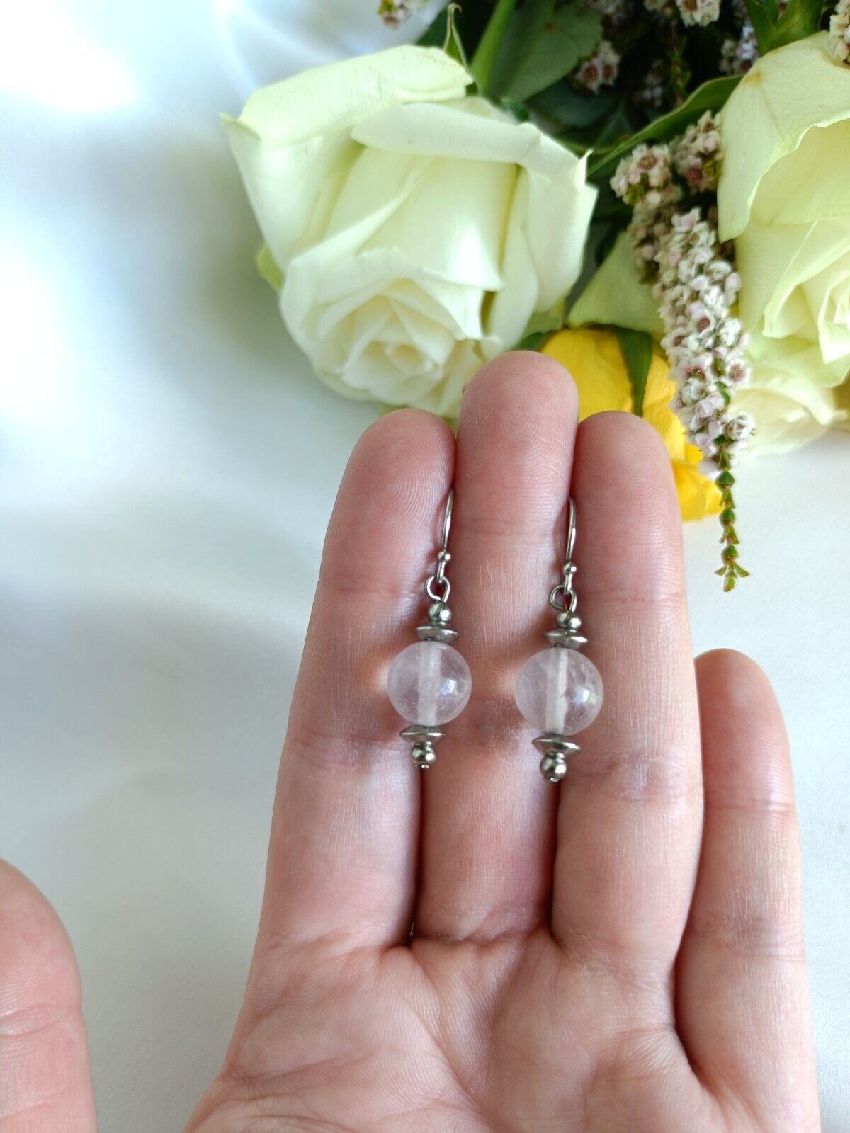 Vintage Sterling Silver & Rose Quartz Dangle Drop Hook Earrings