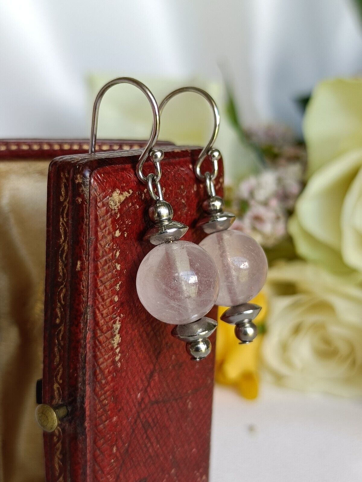 Vintage Sterling Silver & Rose Quartz Dangle Drop Hook Earrings