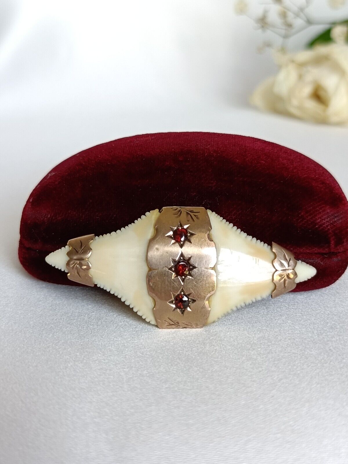 Antique Australian 9ct Gold & Garnet Double Shark tooth brooch