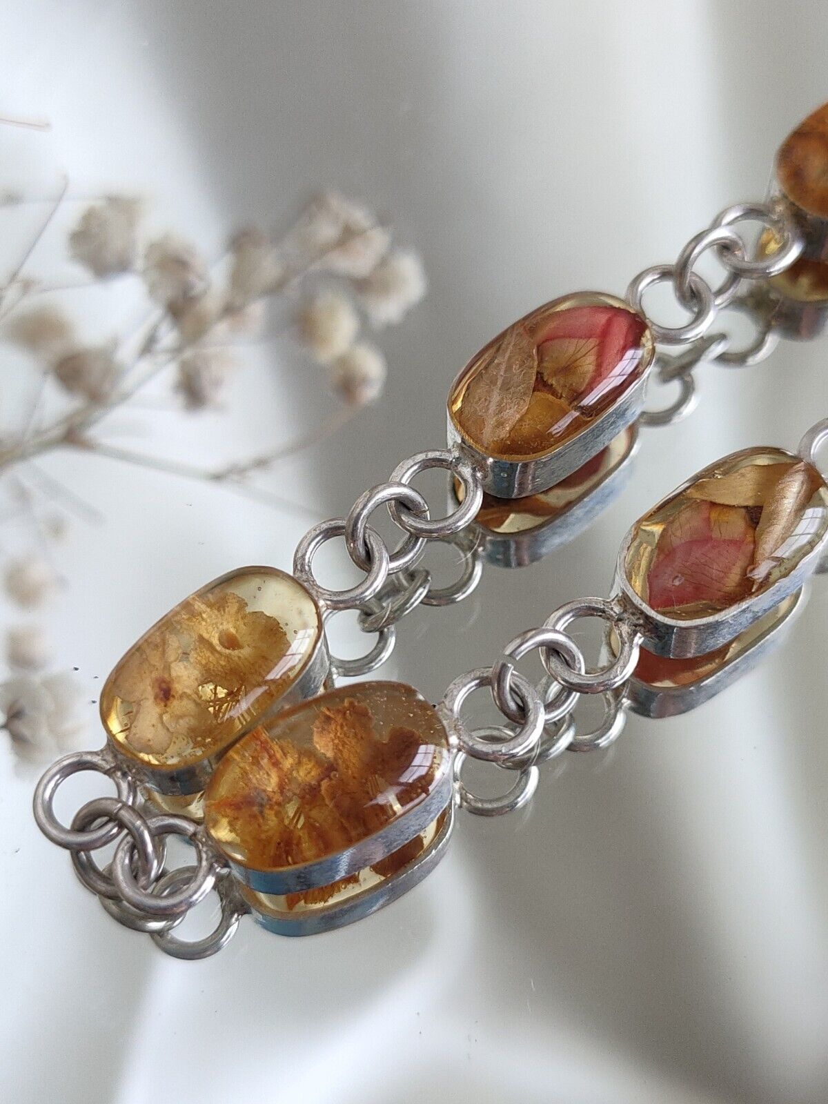 Artisan 925 Sterling Silver Dried Flower Resin Bracelet 20cm