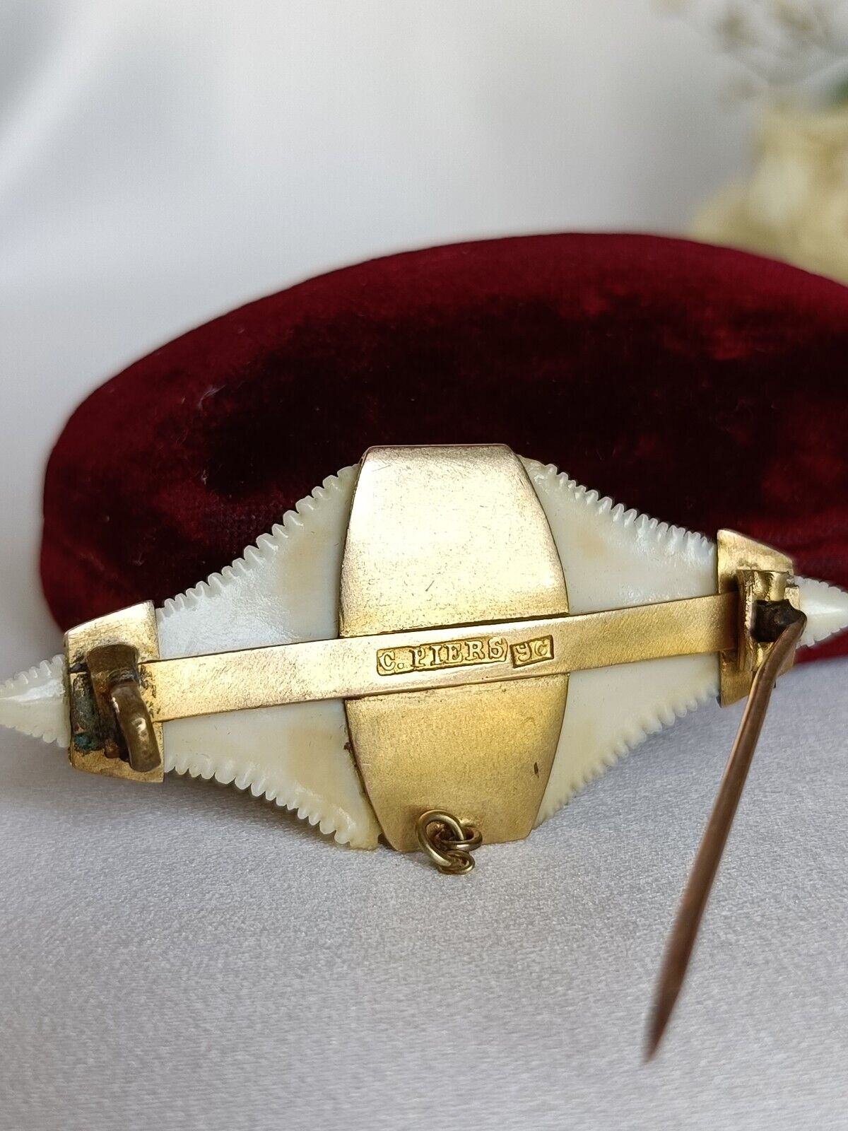 Antique Australian 9ct Gold & Garnet Double Shark tooth brooch