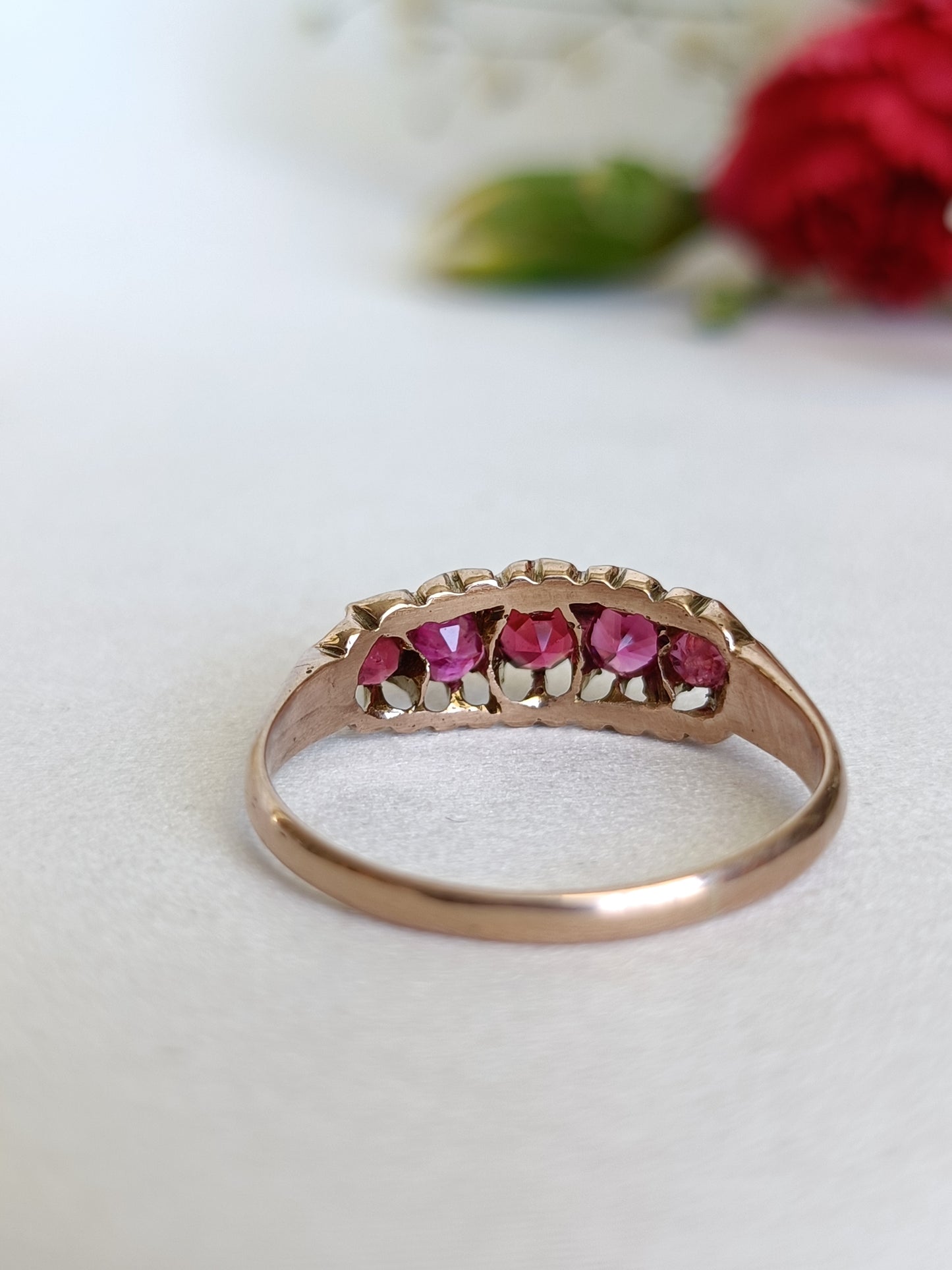 Antique Victorian 9ct old Rose gold pink sapphire & garnet 5 stone ring size 8 US or P UK