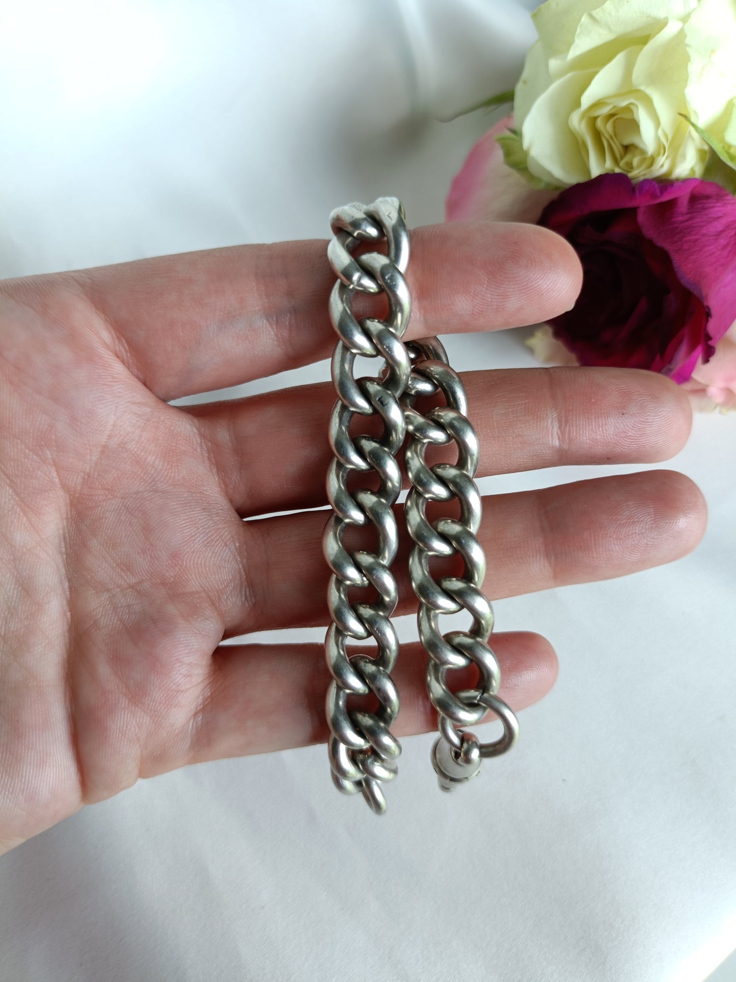 Antique English heavy sterling silver curb link chain bracelet with dog clip closure 22cm