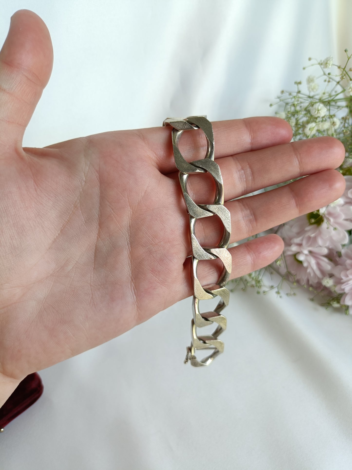 Heavy Vintage Italian UNNOARRE sterling silver stretched Curb link bracelet 20.5cm