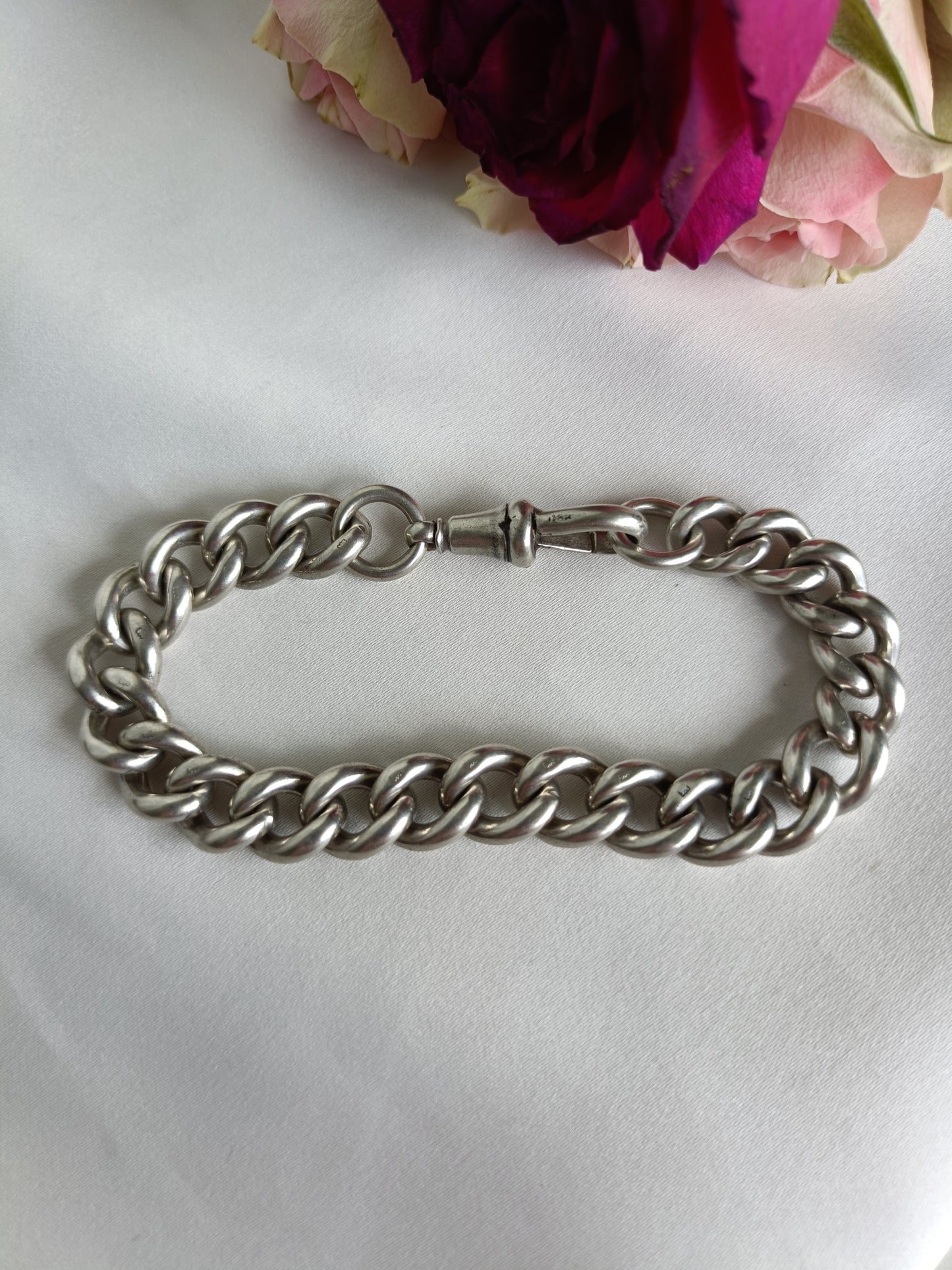 Antique English heavy sterling silver curb link chain bracelet with dog clip closure 22cm
