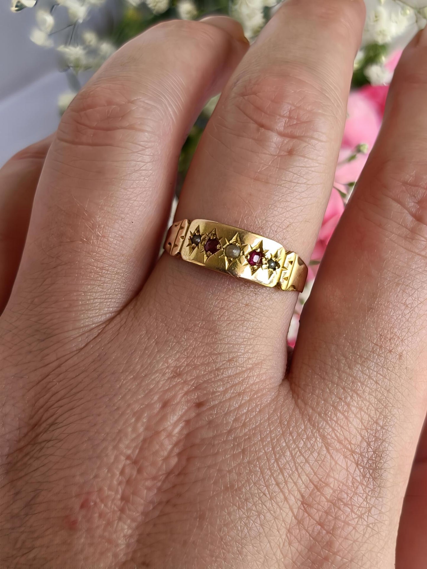 Antique Australian 15ct Gold Ruby & Seed Pearl 5 Stone Star Set Gypsy Ring Size V