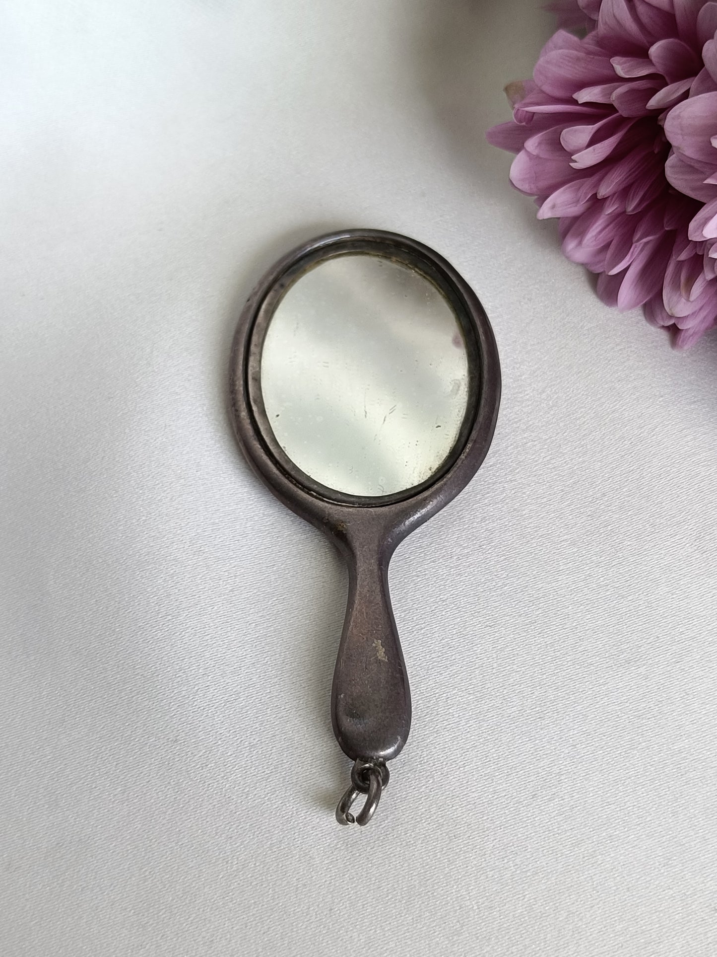 Vintage 1946c miniature sterling silver & blue guilloché enamel hand mirror pendant