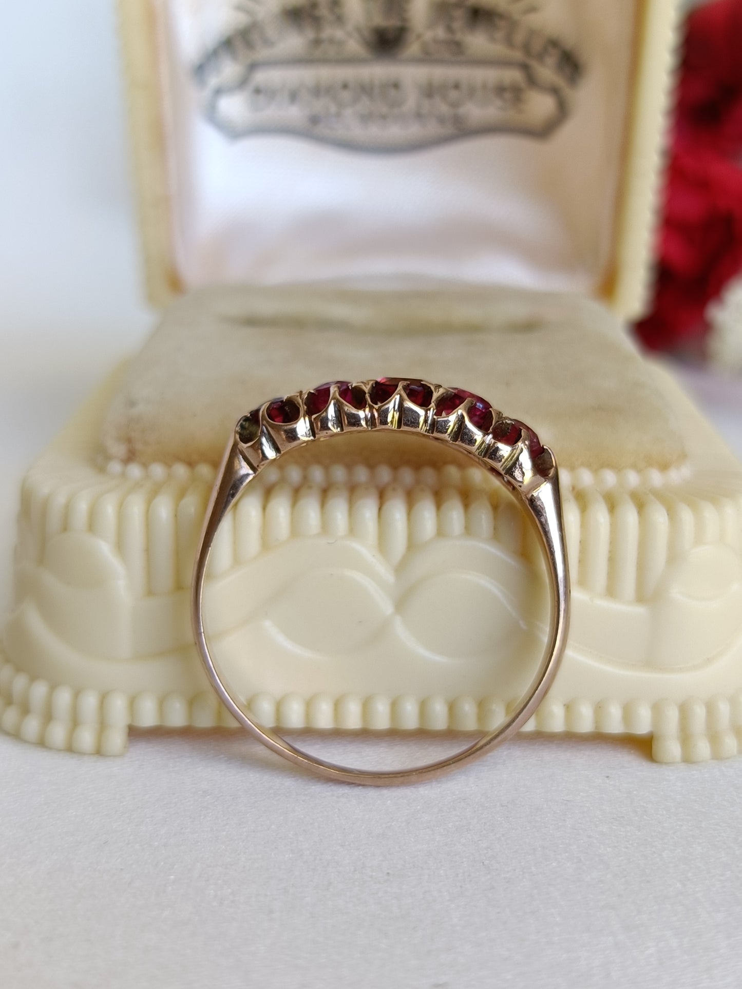 Antique Victorian 9ct old Rose gold pink sapphire & garnet 5 stone ring size 8 US or P UK