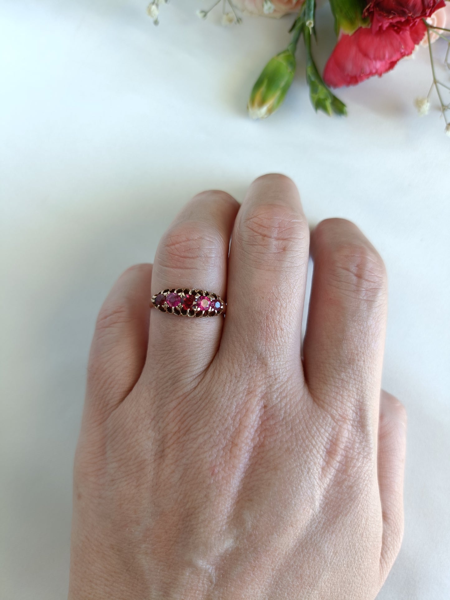 Antique Victorian 9ct old Rose gold pink sapphire & garnet 5 stone ring size 8 US or P UK