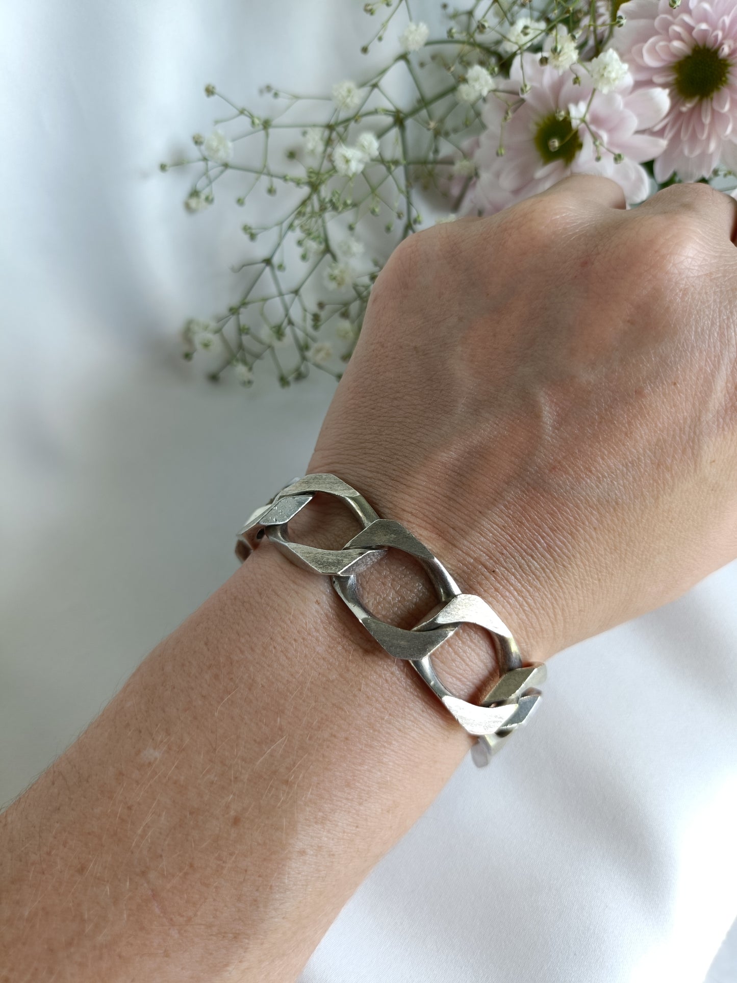 Heavy Vintage Italian UNNOARRE sterling silver stretched Curb link bracelet 20.5cm