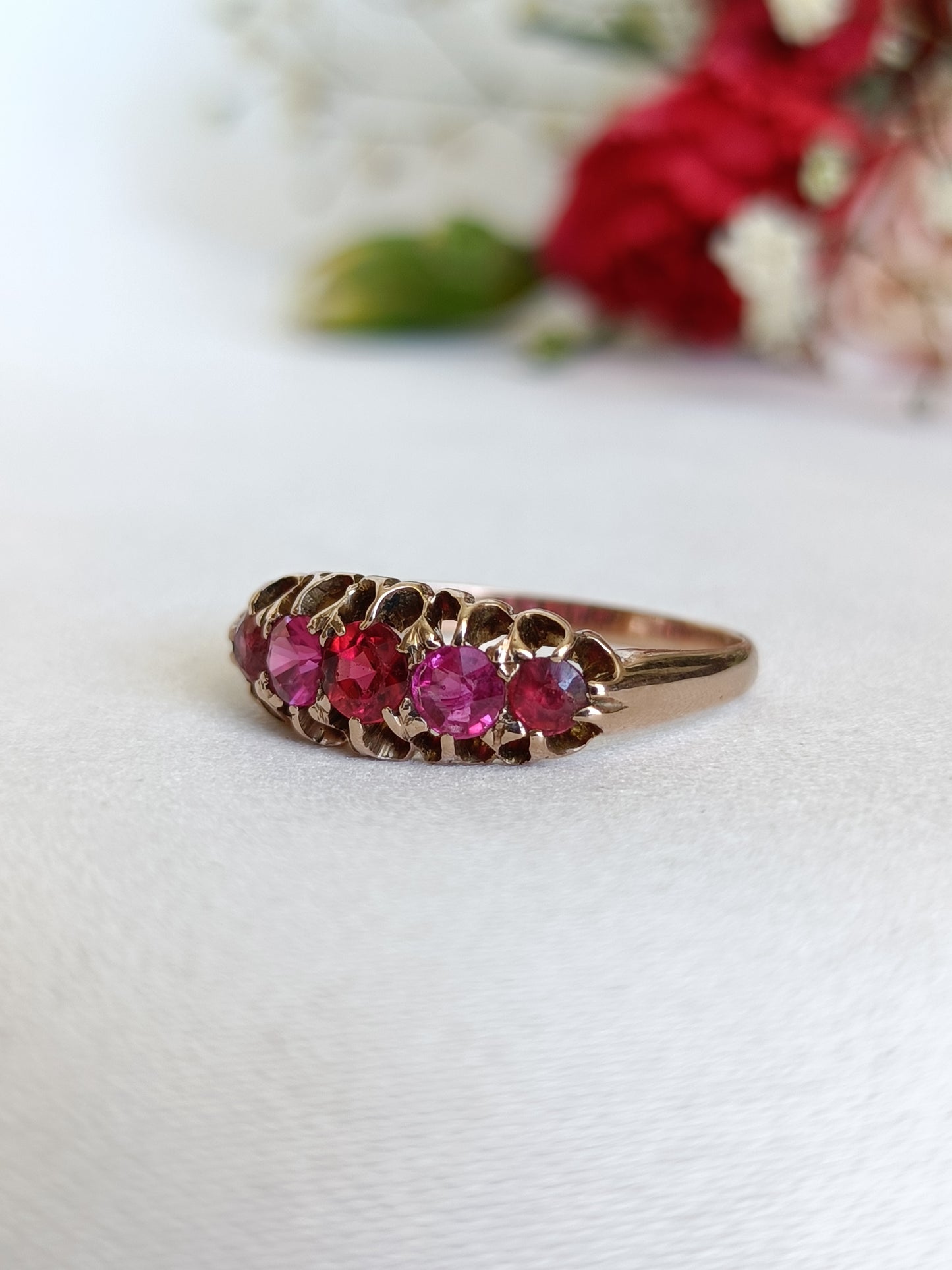 Antique Victorian 9ct old Rose gold pink sapphire & garnet 5 stone ring size 8 US or P UK