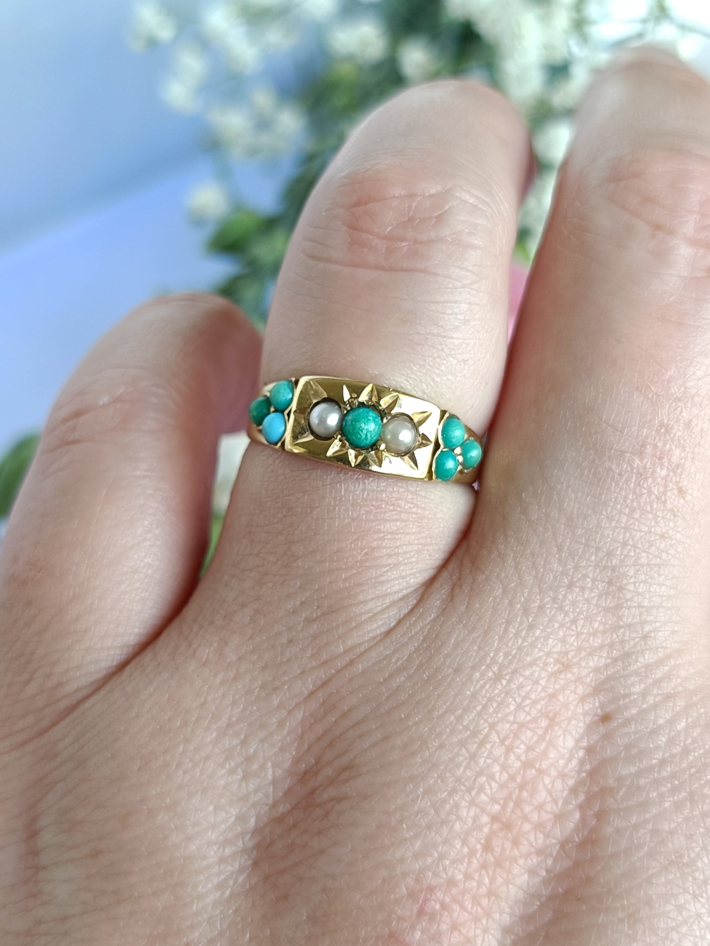 Antique 15ct Gold Star Set Turquoise & Seed Pearl Gypsy ring