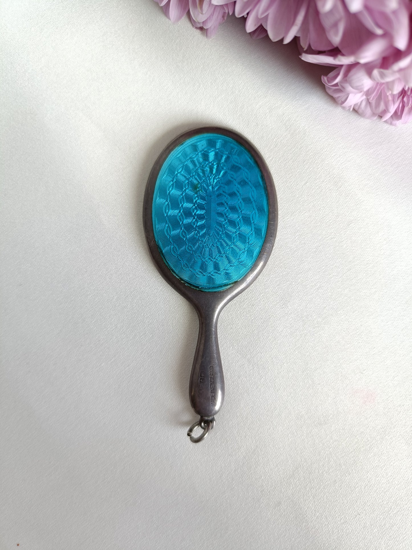 Vintage 1946c miniature sterling silver & blue guilloché enamel hand mirror pendant