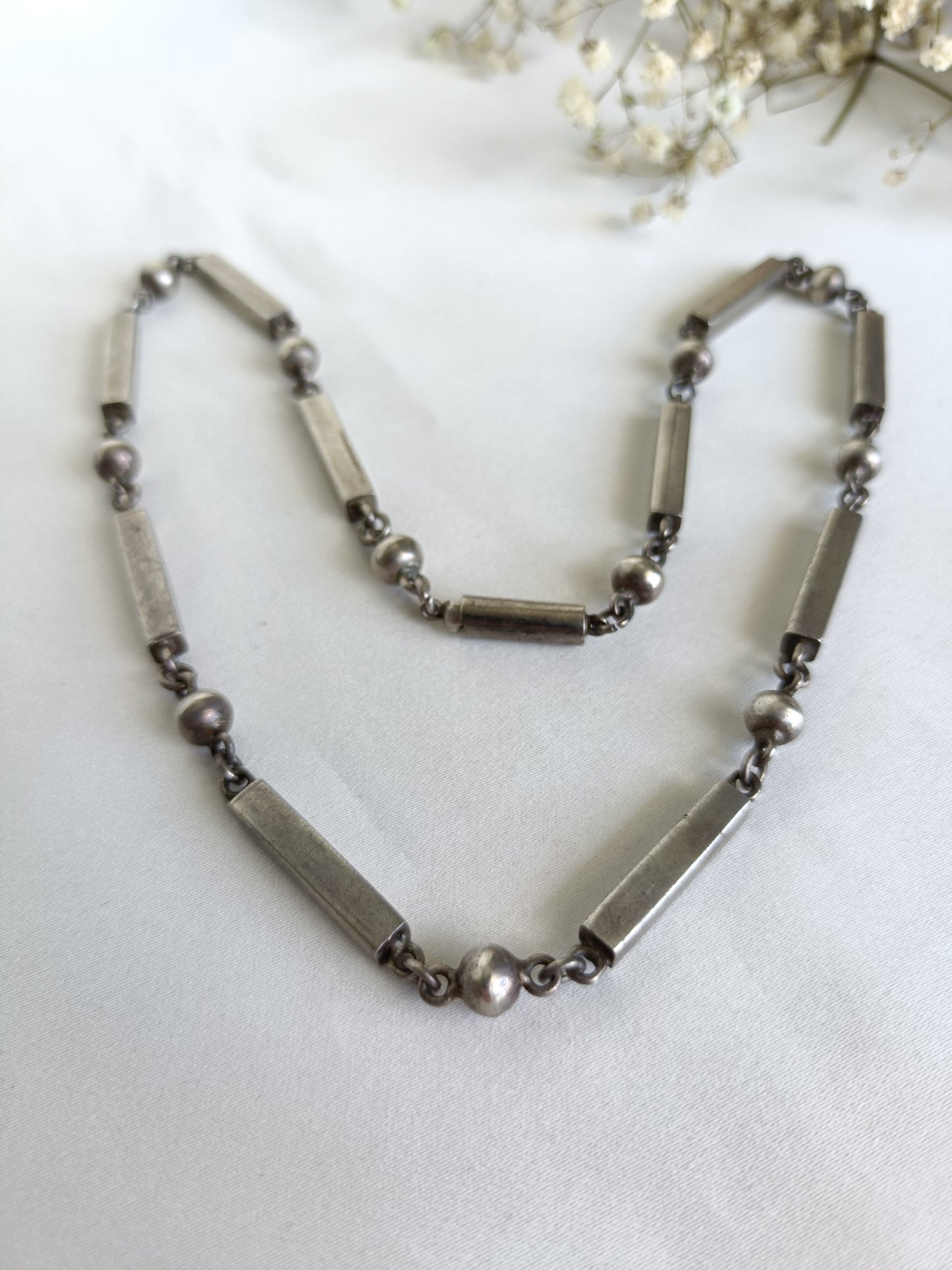 Vintage unique chunky look sterling silver fancy link ball & bar link chain necklace 48cm