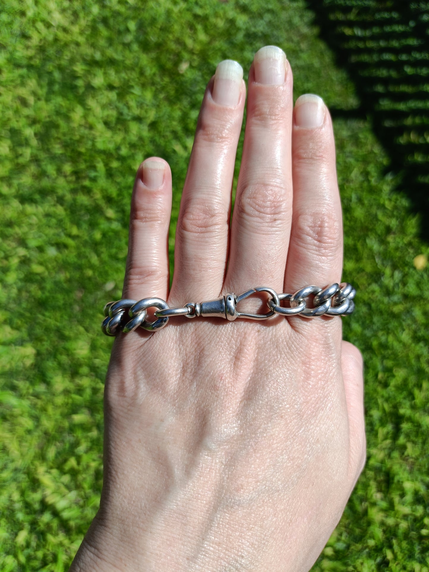 Antique English heavy sterling silver curb link chain bracelet with dog clip closure 22cm