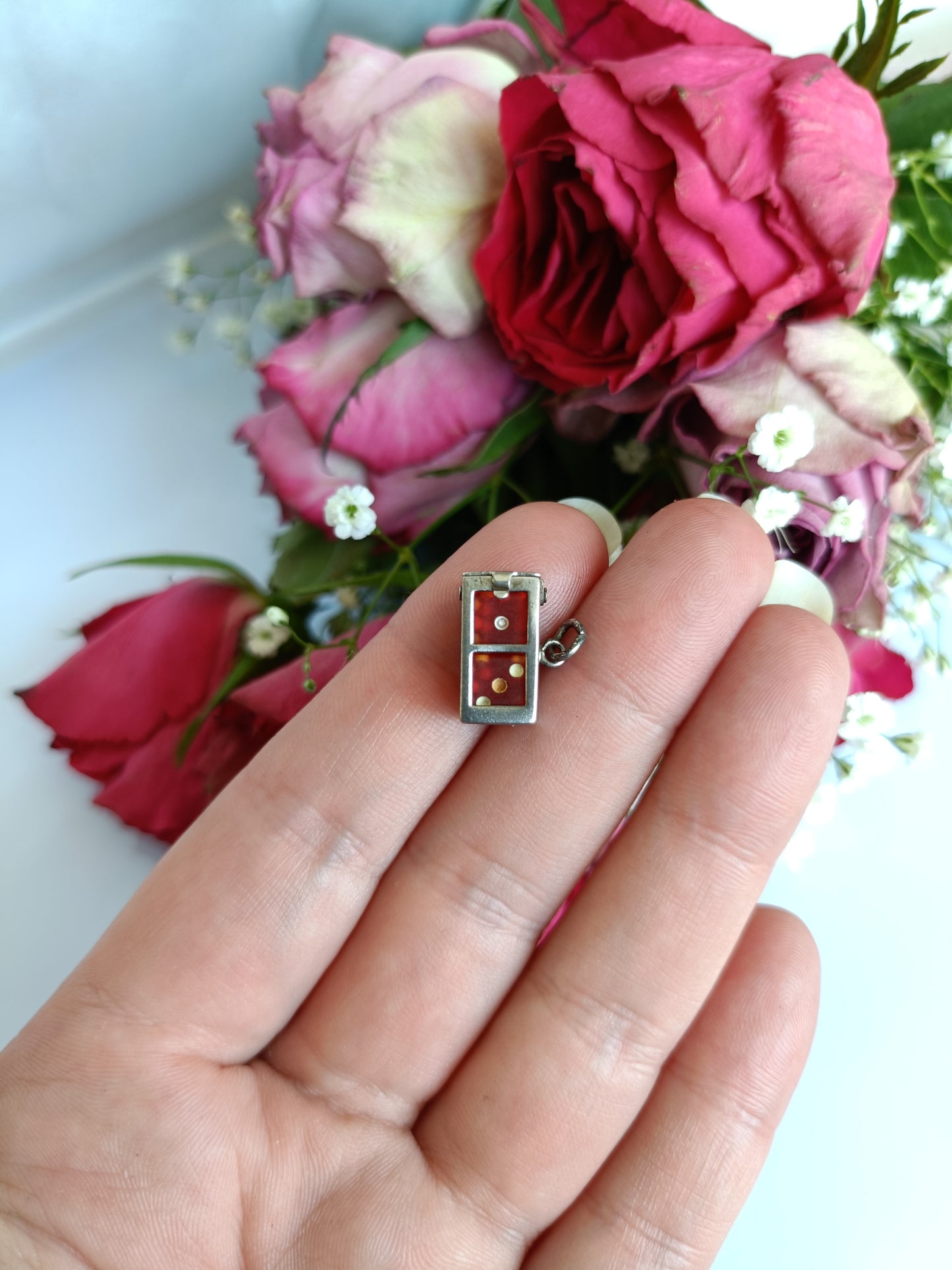 Vintage 1950's J.M Fisher sterling silver miniature dice in cage charm or pendant