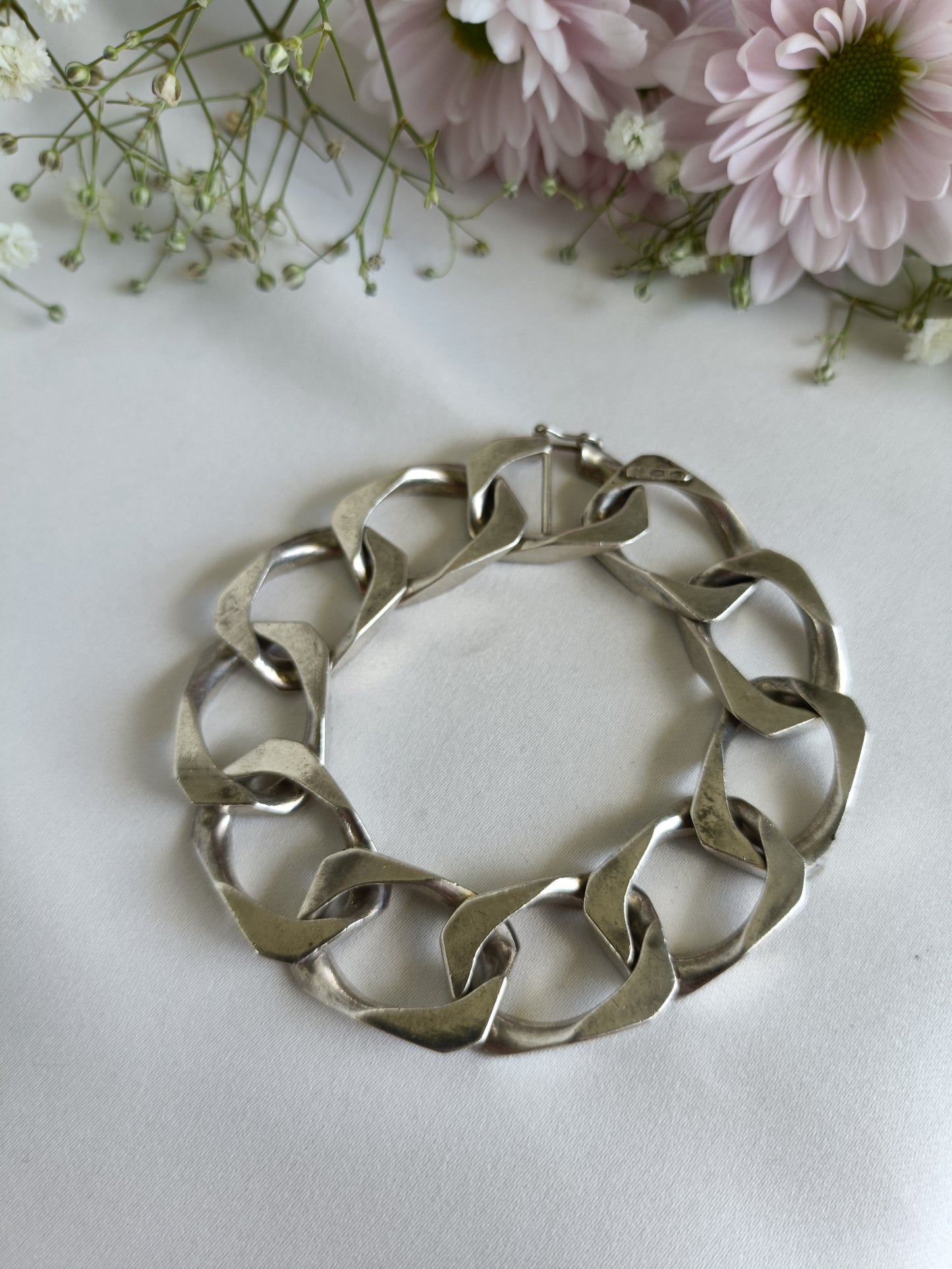 Heavy Vintage Italian UNNOARRE sterling silver stretched Curb link bracelet 20.5cm