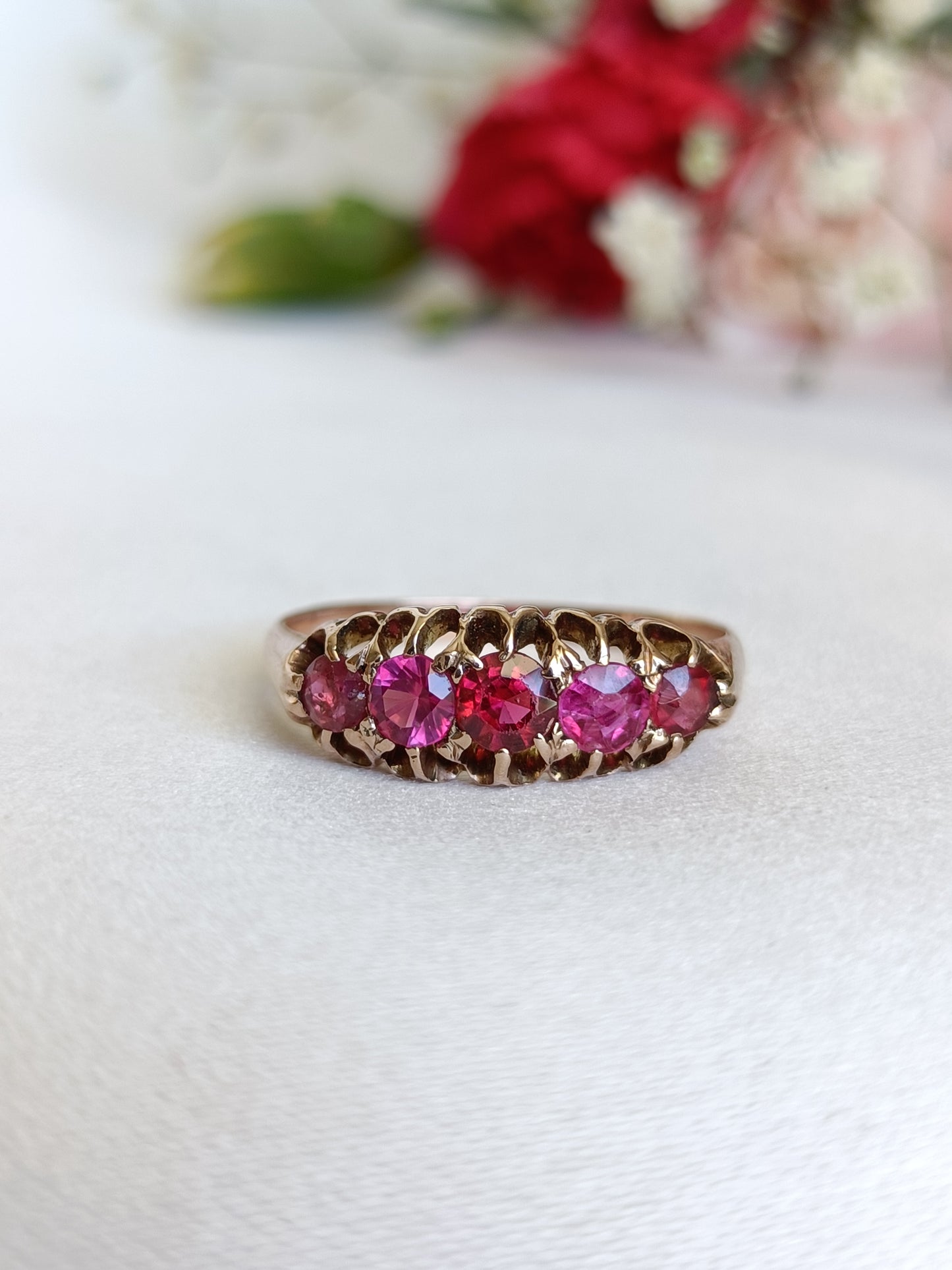Antique Victorian 9ct old Rose gold pink sapphire & garnet 5 stone ring size 8 US or P UK