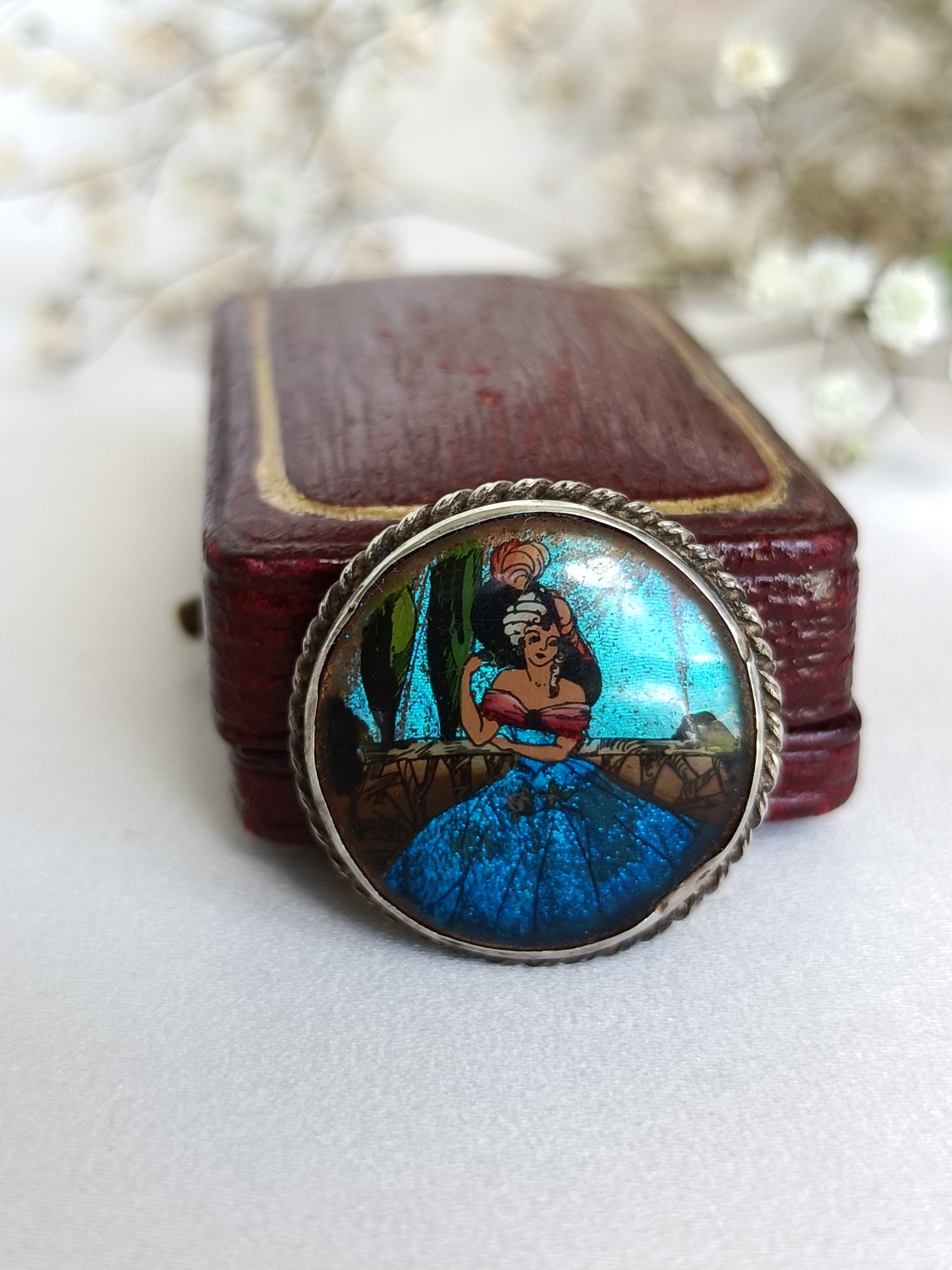 Antique/ Vintage art deco Sterling silver & butterfly wing hand painted brooch