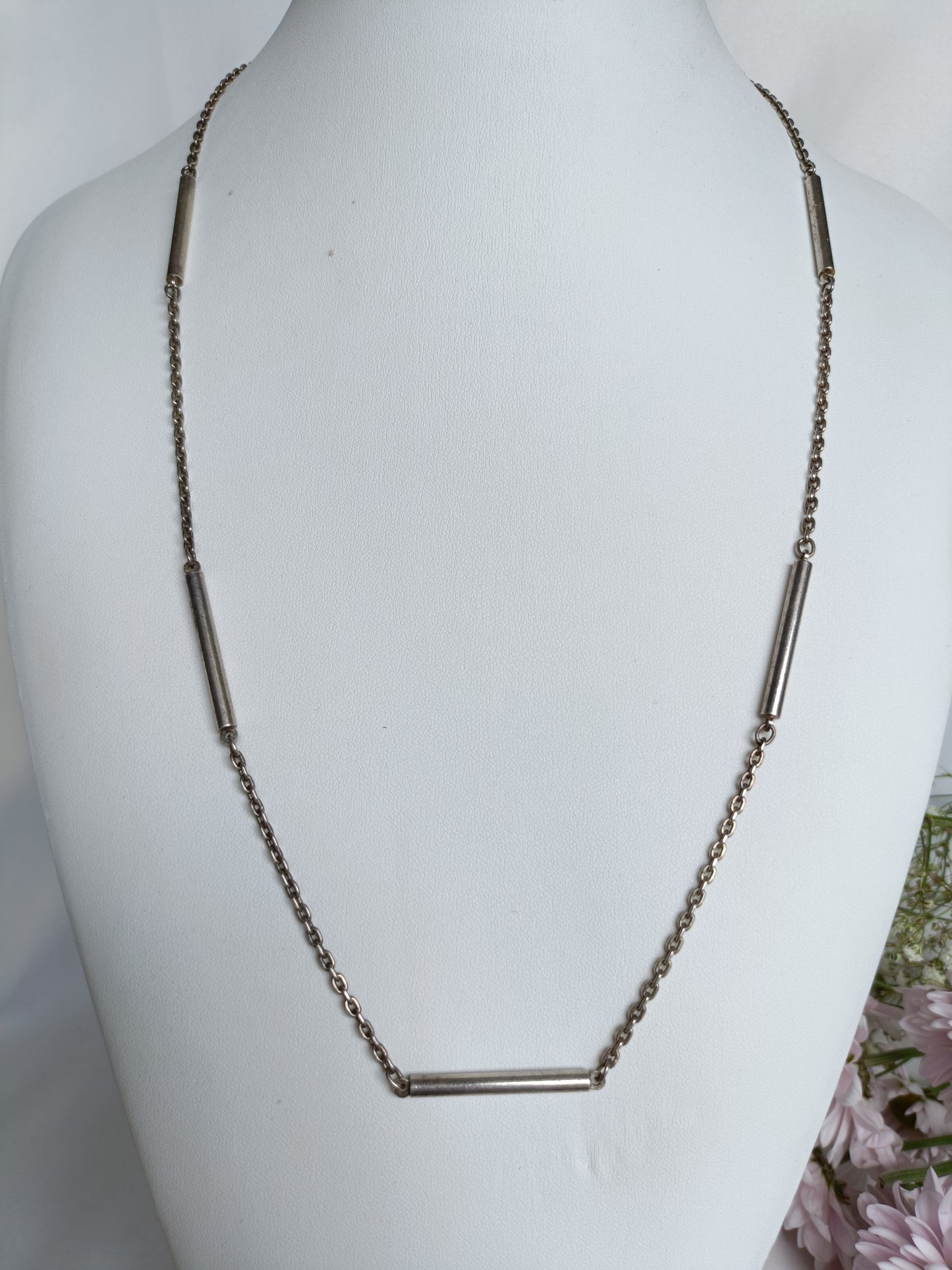 Vintage long UNNOAERRE Sterling silver fancy bar & cable link chain necklace 65cm