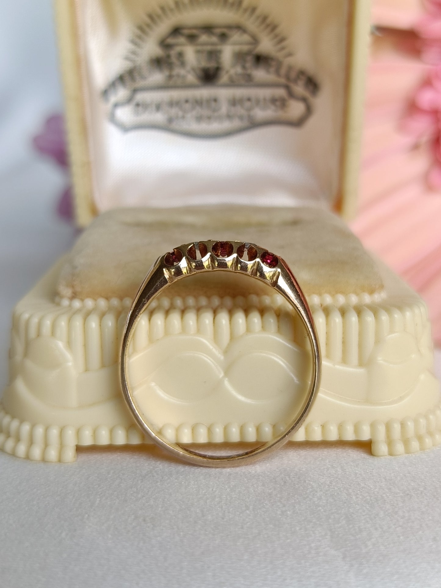 Antique Victorian 15ct yellow gold garnet & diamond 5 stone boat ring size 7 US or N UK