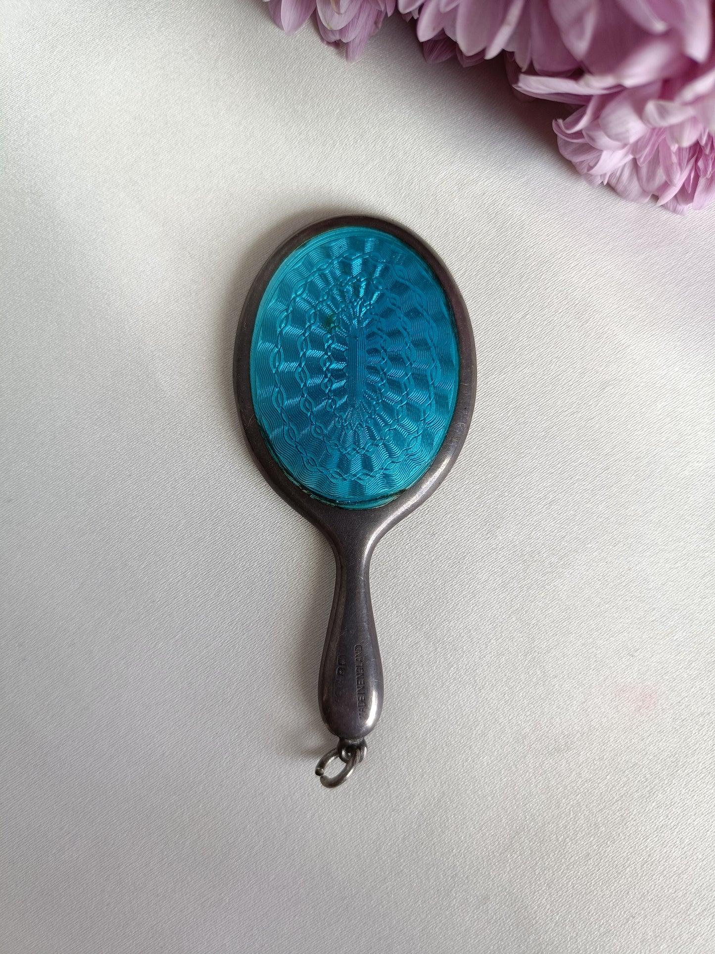 Vintage 1946c miniature sterling silver & blue guilloché enamel hand mirror pendant