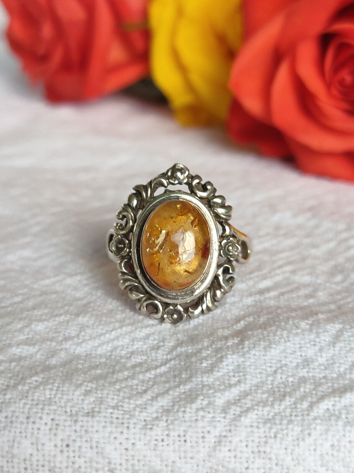 Vintage Sterling Silver & Baltic Amber Statement Ring