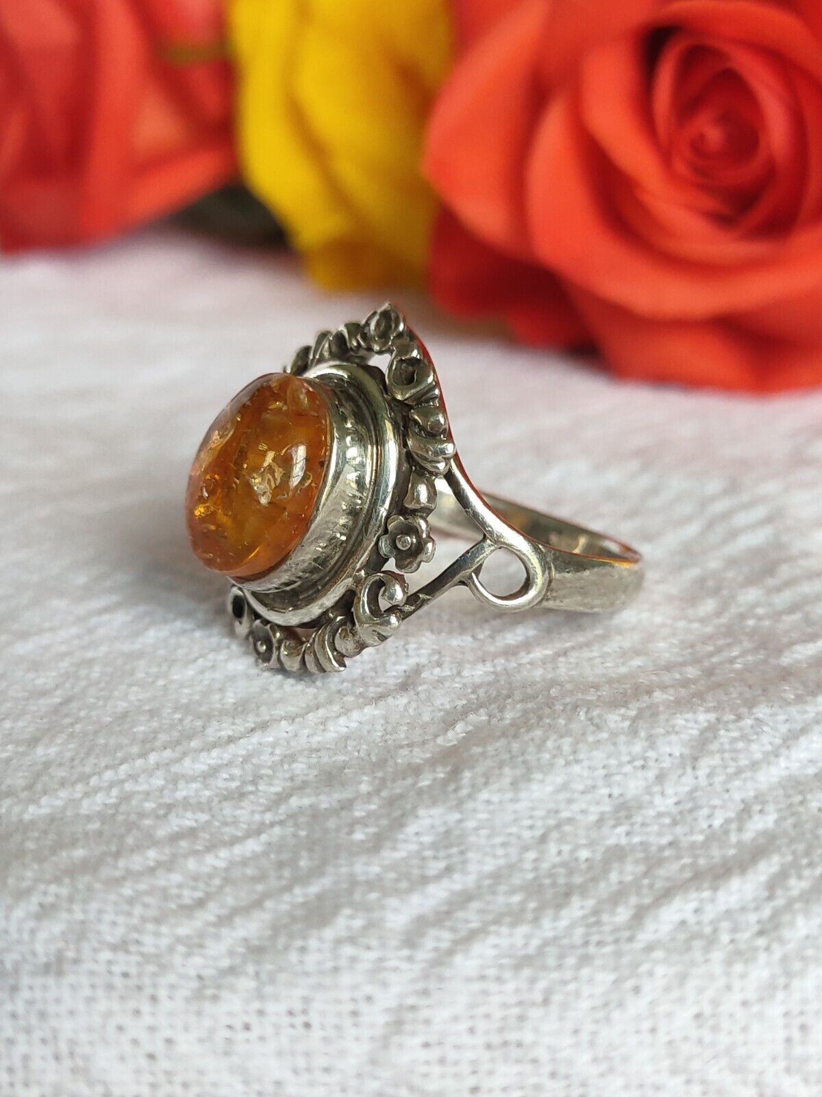 Vintage Sterling Silver & Baltic Amber Statement Ring