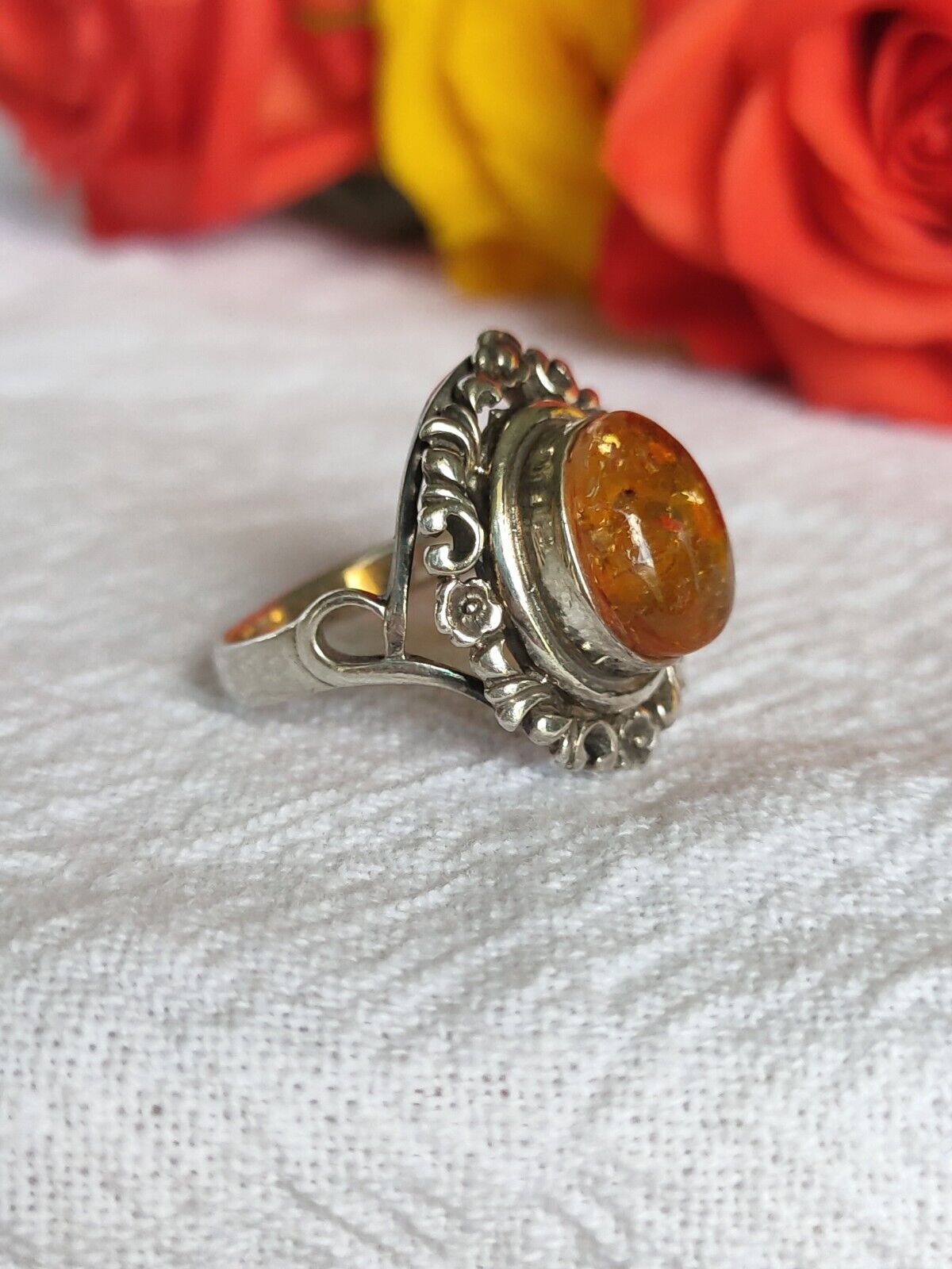 Vintage Sterling Silver & Baltic Amber Statement Ring