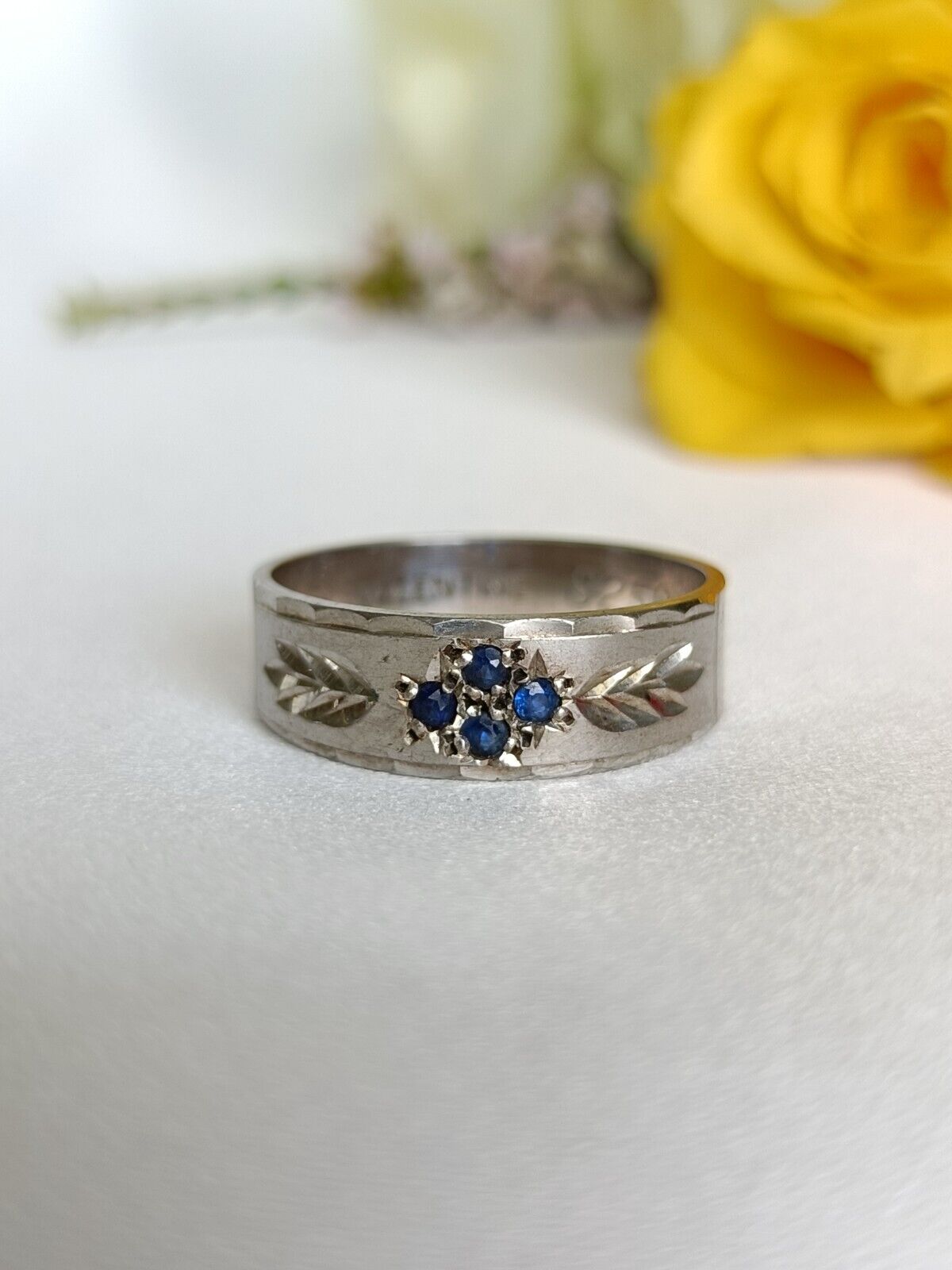 Vintage 925 Sterling Silver MY VALENTINE blue Sapphire Etched Ring Size 7 3/4