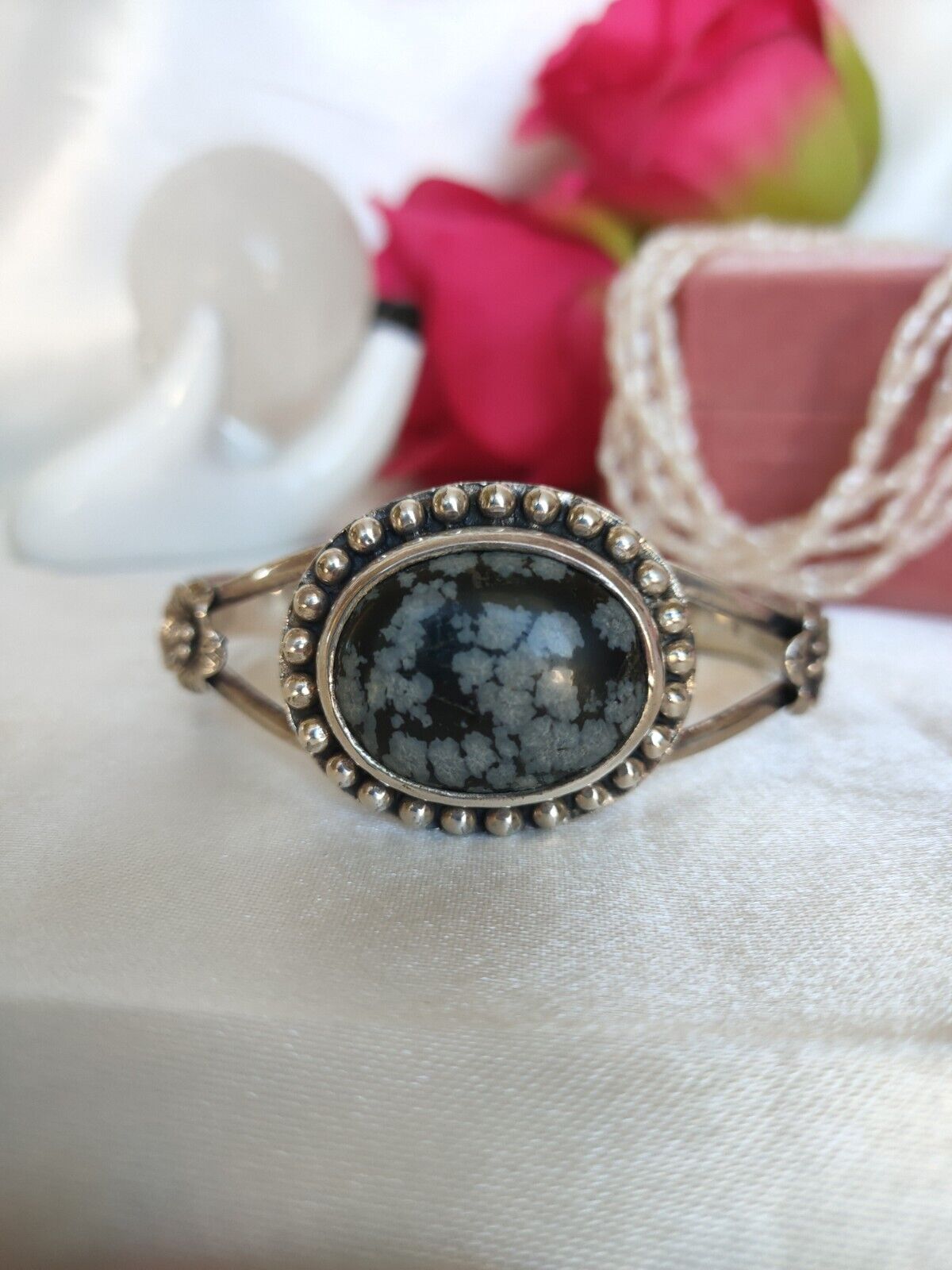 Beautiful Heavy Sterling Silver & Snowflake Obsidian Cuff Bangle Bracelet