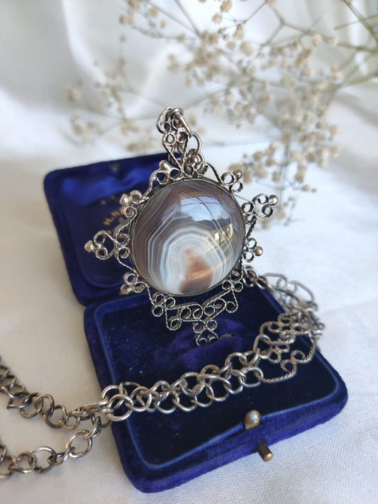 Vintage Hand Crafted Sterling Silver & Banded Agate Pendant & Fancy Link Chain