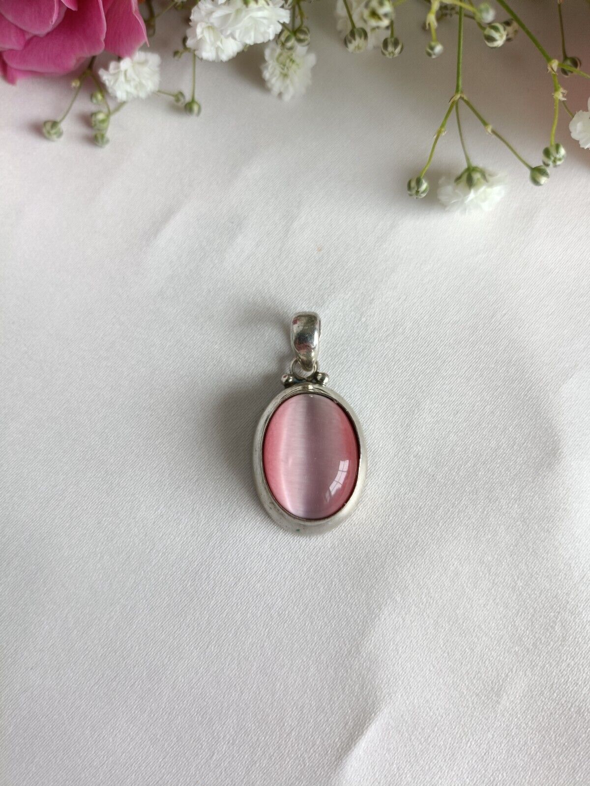 Y2K Sterling Silver & Pastel Pink Cats Eye Pendant