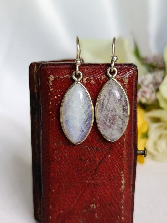 Vintage 925 Sterling Silver Moonstone Dangle Drop Hook Earrings