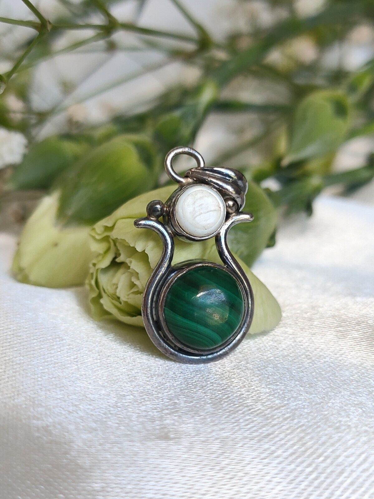 Vintage 925 Sterling Silver Malachite & Selenite Pendant