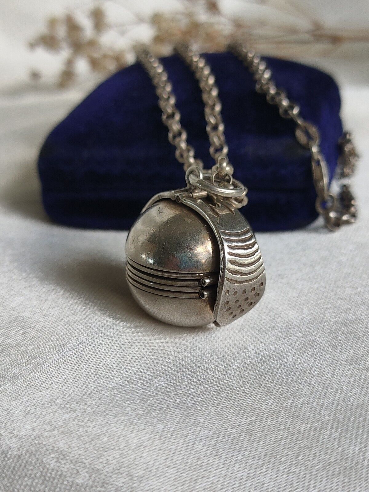 Vintage 925 Sterling Silver Masonic Orb Locket Fob Pendant & Belcher Chain