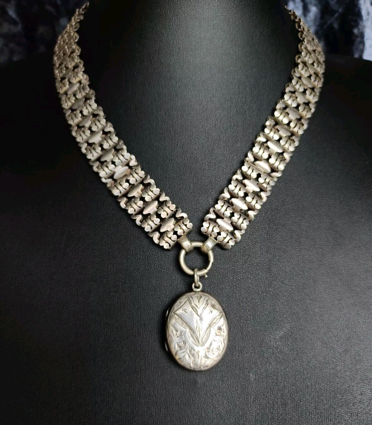 Antique 1881c Sterling Silver Locket & Book Chain Necklace