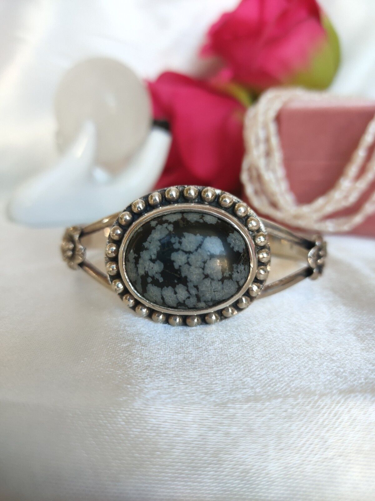 Beautiful Heavy Sterling Silver & Snowflake Obsidian Cuff Bangle Bracelet