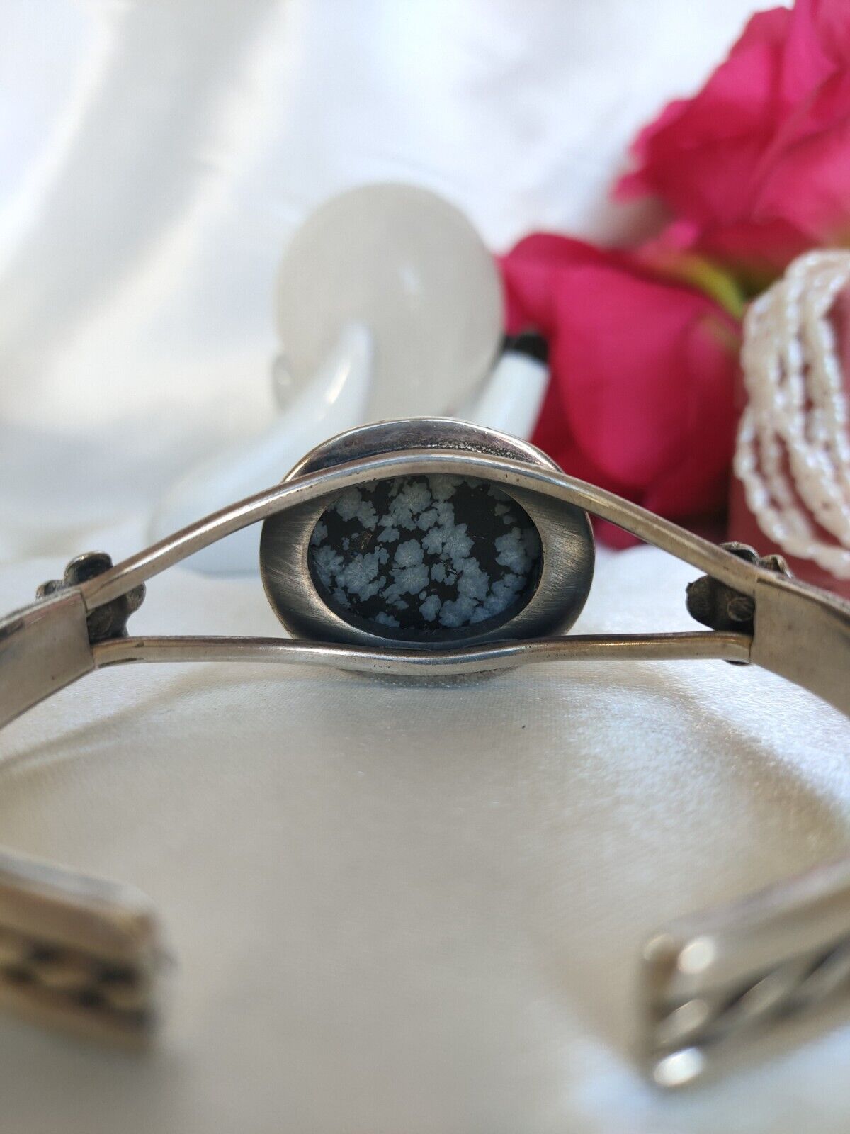 Beautiful Heavy Sterling Silver & Snowflake Obsidian Cuff Bangle Bracelet