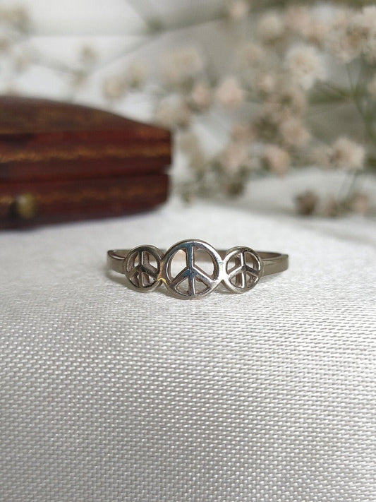 Vintage 925 Sterling Silver Peace Symbol Stacking Band Ring Size 8 Or P