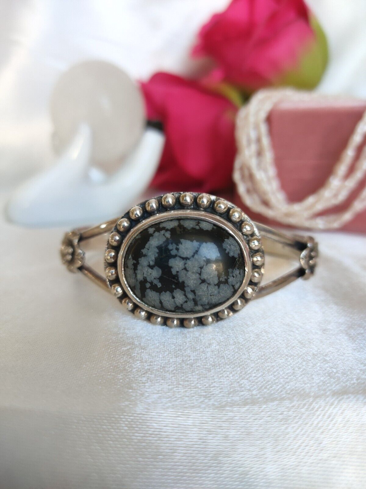 Beautiful Heavy Sterling Silver & Snowflake Obsidian Cuff Bangle Bracelet