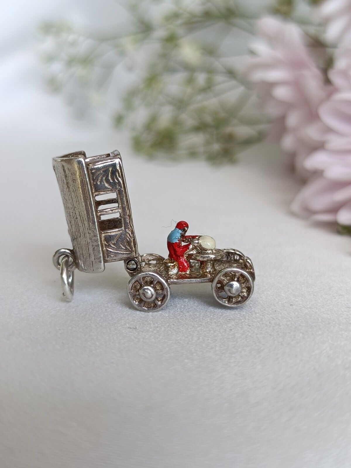 Vintage Sterling Silver & Enamel Gypsy Carriage Opening Charm Or Pendant